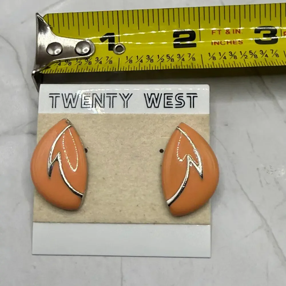 Vintage 1980s Twenty West Peach Enamel Gold Tone Post Earrings on Card